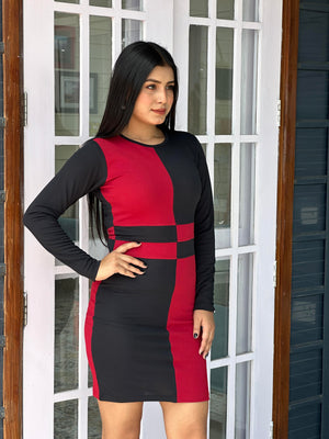 TANDUL Women Stunning Red and Black Color Block Dress