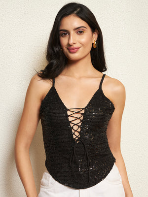 TANDUL Women Dazzling Black Sequin Top