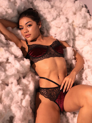 ELTIRE Wine Color Velvet Two Piece Lingerie Set