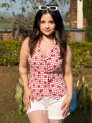TANDUL Red and White Checkered Waistcoat