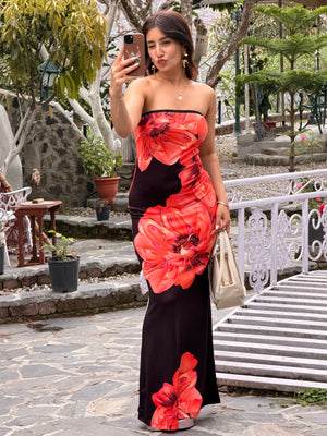 TANDUL Women Stunning Black and Red Floral Printed Dress