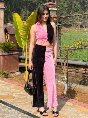 TANDUL Women Pink and Black Velvet Co-ord Set