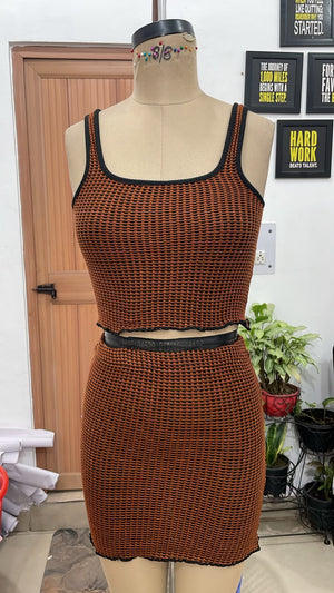 TANDUL Women Brown Waffle Crop Top and Mini Skirt Co-ord
