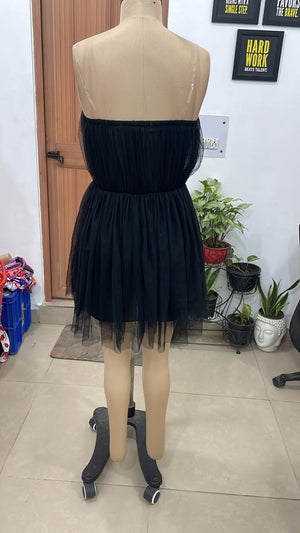 TANDUL Women Elegant Strapless Black Tulle Mini Dress