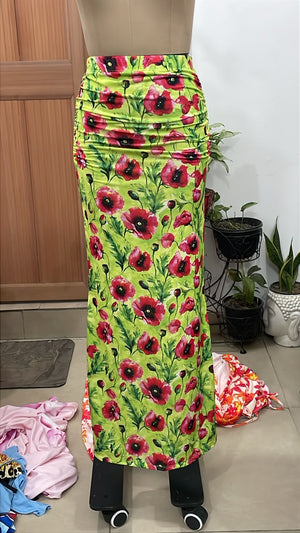 TANDUL Women Vibrant Lime & Red Floral Ruched Maxi Skirt