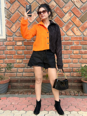 TANDUL Women Striking Orange and Black Fur Jacket