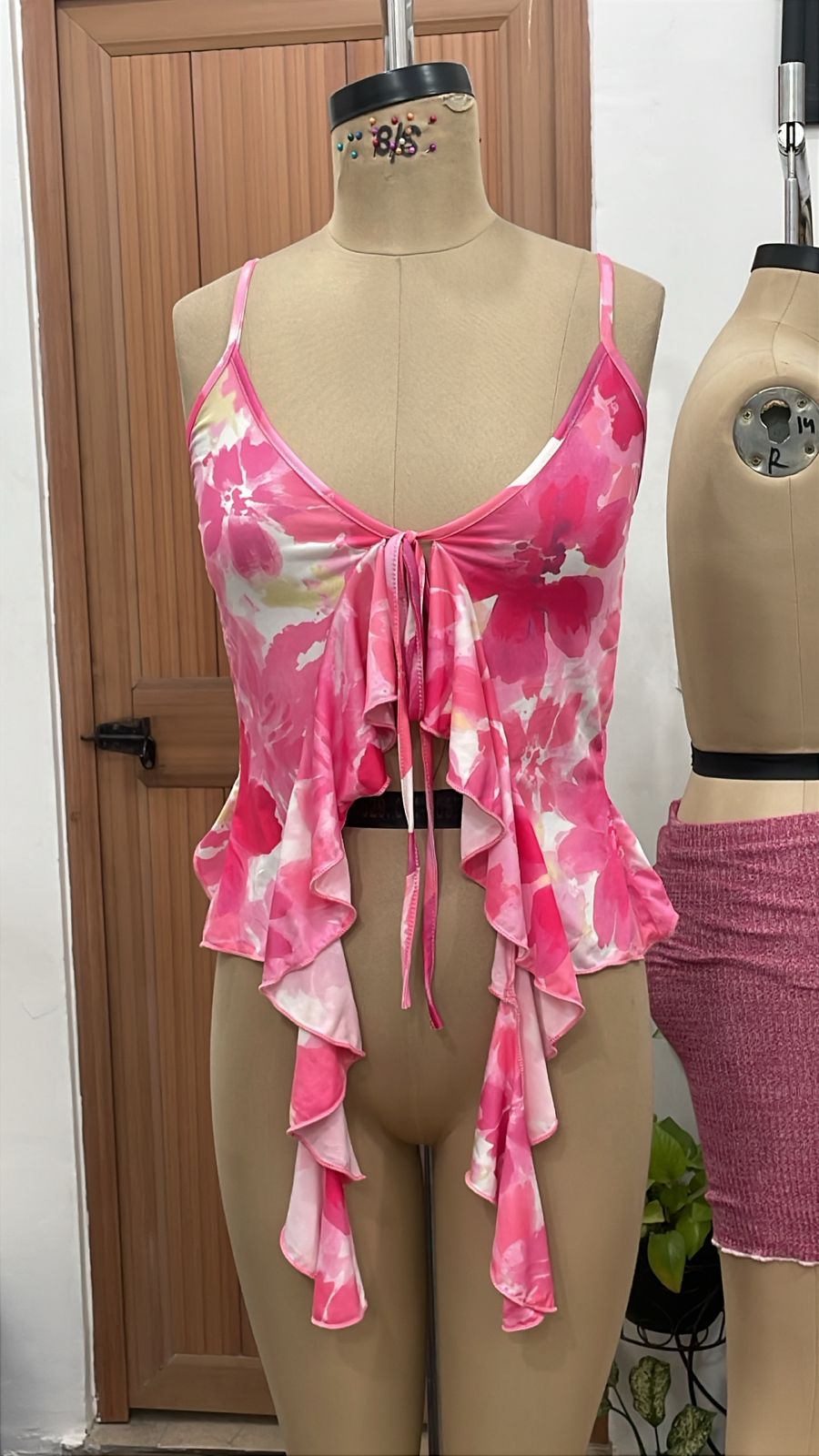 TANDUL Women Pink Watercolor Floral Tie-Front Camisole Top