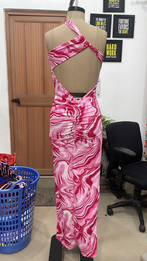 TANDUL Women’s Pink Abstract Swirl One-Shoulder Maxi Dress