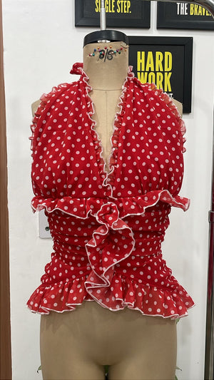 TANDUL Women Vintage-Inspired Red Polka Dot Halter Top