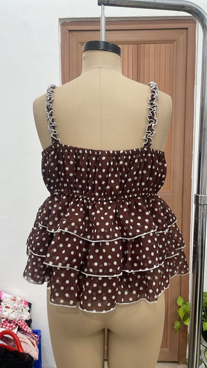 TANDUL Women Vintage Brown Polka Dot Ruffle Top