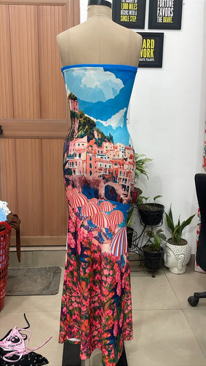TANDUL Women Amalfi Coast Landscape Strapless Maxi Dress