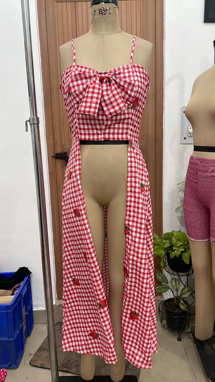 TANDUL Women Red Gingham Strawberry Print Shrug cum Top
