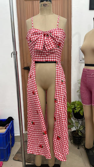 TANDUL Women Red Gingham Strawberry Print Shrug cum Top