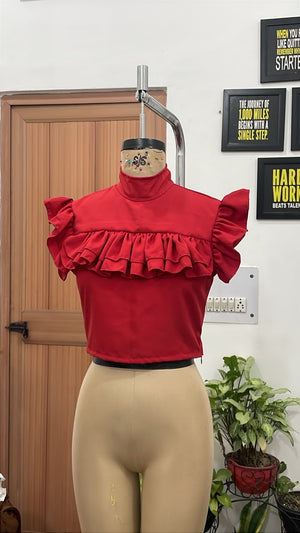 TANDUL Women Red High-Neck Ruffle Crop Top