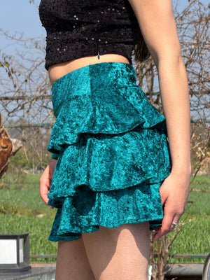 TANDUL Women Exquisite Teal Blue Velvet Skirt