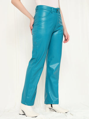TANDUL  Women Regular Fit Light Blue Faux Leather Trousers