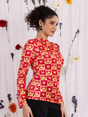 TANDUL Heart Printed Velvet Highneck