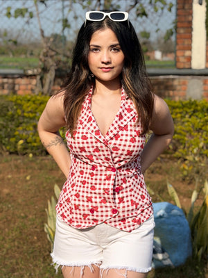 TANDUL Red and White Checkered Waistcoat