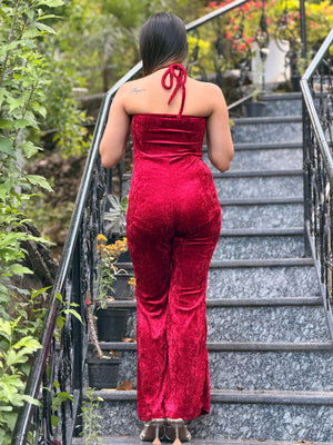 TANDUL Women Elegant Maroon Velvet Jumpsuit