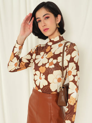 TANDUL  Women Floral Print High Neck Brown Sweater