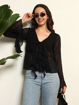TANDUL Elegant Black Ruffled Top