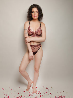 ELTIRE Embroided Wine Color Soft Net Lingerie Set