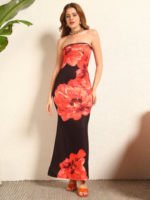TANDUL Women Stunning Black and Red Floral Printed Dress