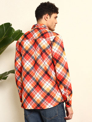 TANDUL Men's Striking Orange and Black Plaid Printed Shaket