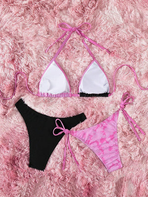 ELTIRE Pink Black Combo Printed Single Tie Strap Bikini Beachwear