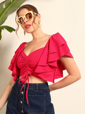 TANDUL Women Fuchsia Pink Top with Ruffled Sleeves