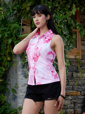 TANDUL Wome Pink  Floral Sleeveless Shirt
