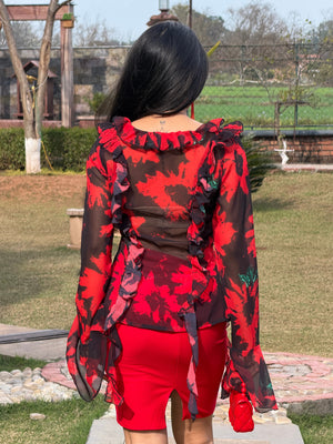 TANDUL Women Stunning Red and Black Floral Top