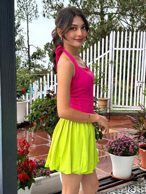 TANDUL Women Vibrant Pink and Green Balloon Dress