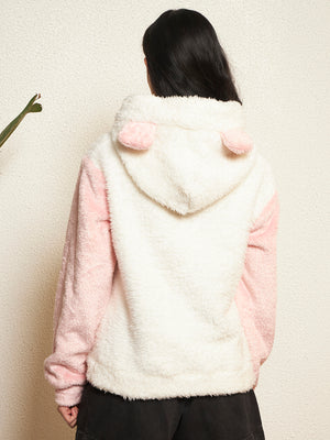 TANDUL Women Solid White and Pink Fur Hoodie