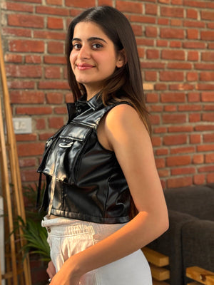TANDUL Women Sleek Black Leather Crop Jacket