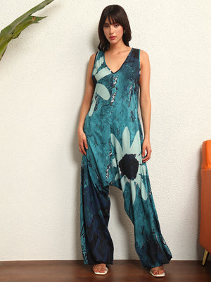 TANDUL Emerald Blue and White Floral jumpsuit