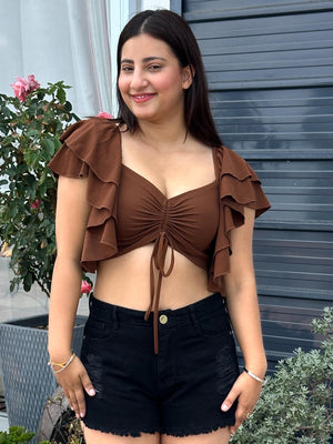 TANDUL Women Brown Top with Ruffled Sleeves