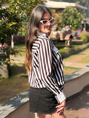 TANDUL Women Chic Black and White Striped Shirt