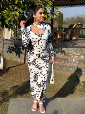 TANDUL White Kitty Printed Bodycon Dress