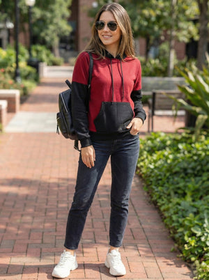 TANDUL Women Stylish Maroon and Black Hoodie