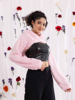 TANDUL Casual Regular Sleeves Solid Women Pink Crop Hoodie