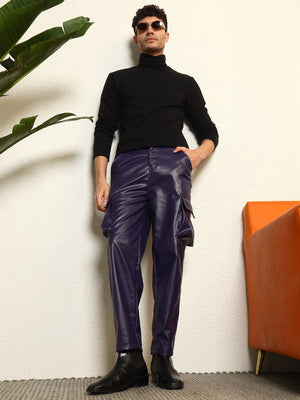 TANDUL Mens's Sleek Blue Leather Trouser