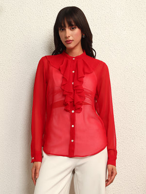 TANDUL Elegant Red Ruffled Detailed Shirt