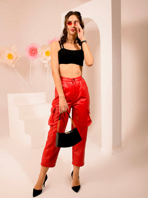 TANDUL  Women Regular Fit Red Faux Leather Trousers