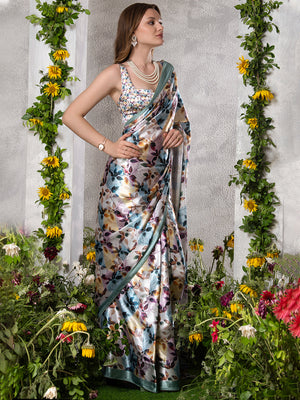 ELTIRE  Floral Print Bollywood Satin Saree  (Multicolor)