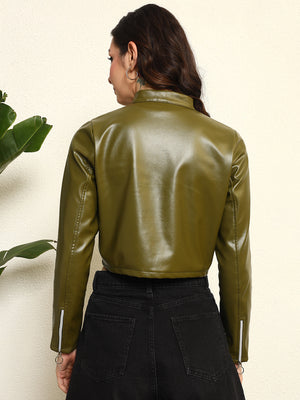 TANDUL Women Stunning Green Leather Jacket