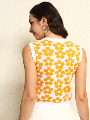 TANDUL Women Yellow Floral Sleeveless Sweater
