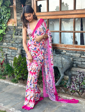 ELTIRE Pink Floral Printed Georgette Sari