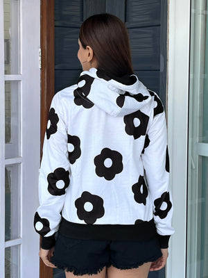 TANDUL Women Black and White Floral Hoodie