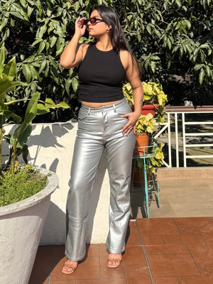 TANDUL  Women Regular Fit Silver Faux Leather Trousers
